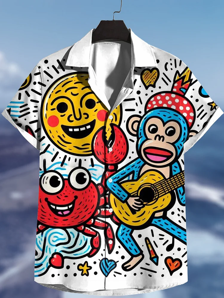 Men's Vacation Style Cartoon Sun Crab Monkey Print Shirt