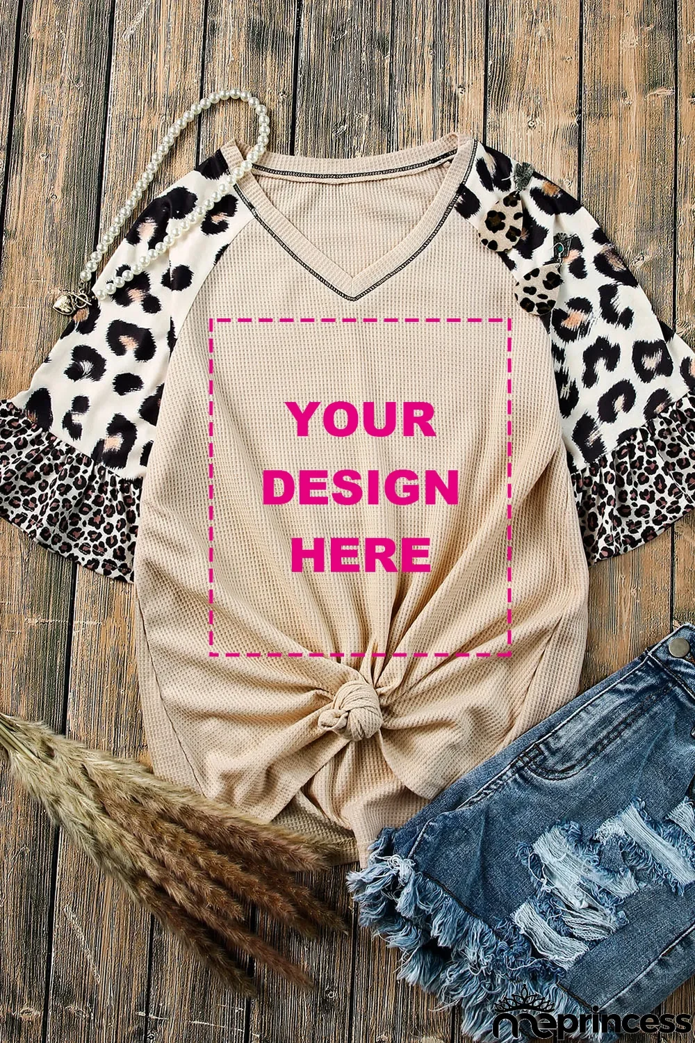 Blank Apparel - Mixed Leopard Ruffle Sleeve Waffle Knit Top
