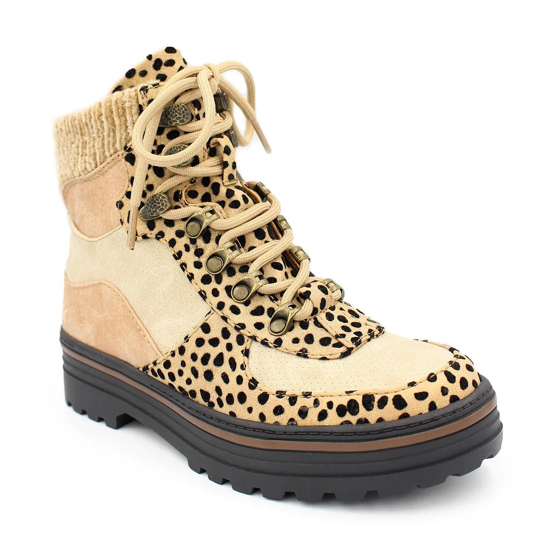 Leopard Boots Women Lace Up Martin Boots Winter Low Heel Shoes