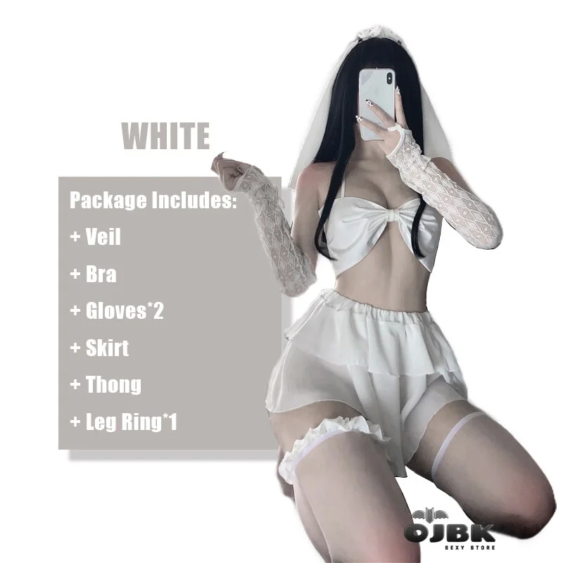 Billionm OJBK Women Wedding Dress Sexy Bride Cosplay Outfit Solid Color Black White With Elegant Veil Mini Skirt Halter Bow-Knot Bra New