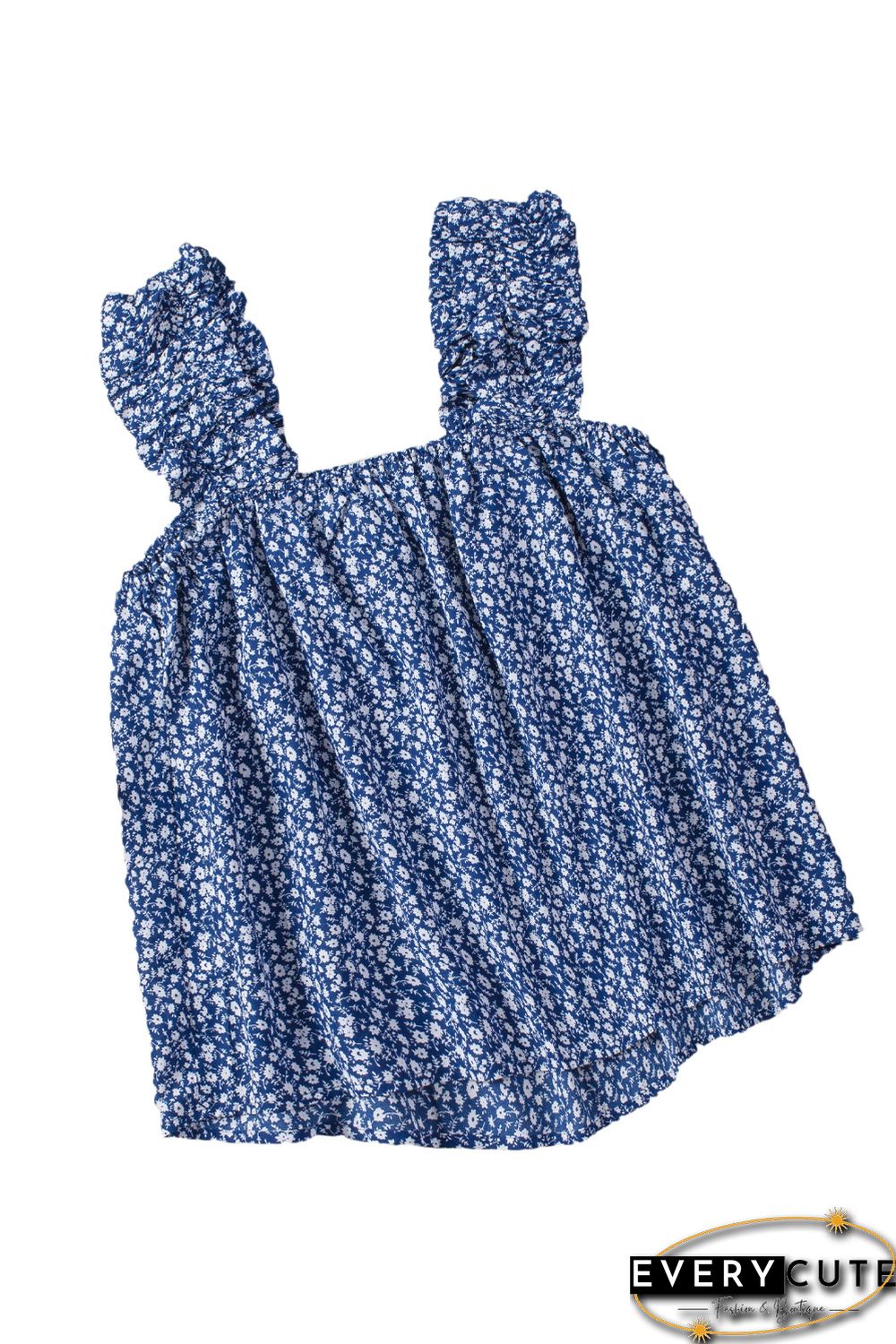 Sky Blue Floral Ruffled Straps Flowy Tank Top