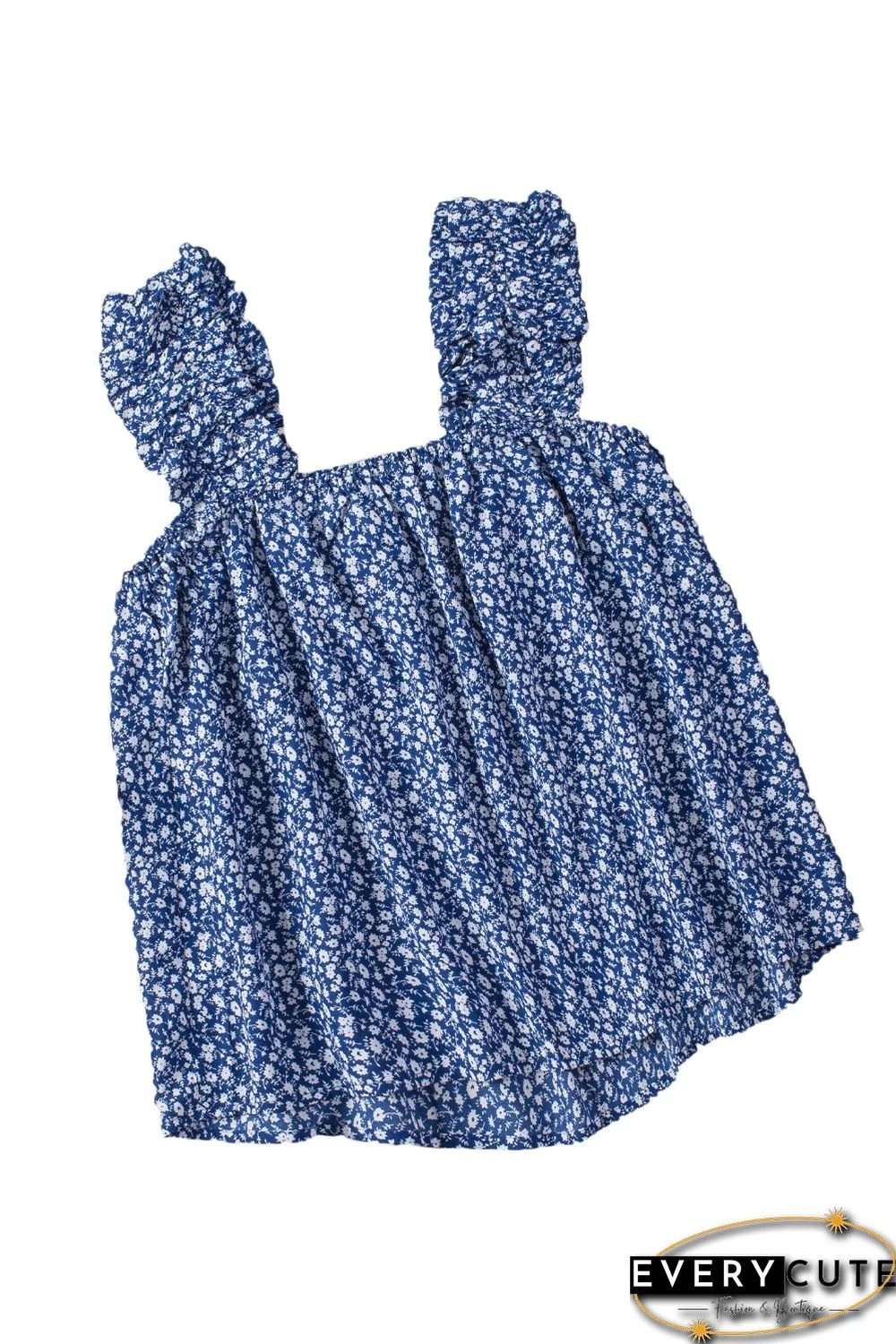 Sky Blue Floral Ruffled Straps Flowy Tank Top