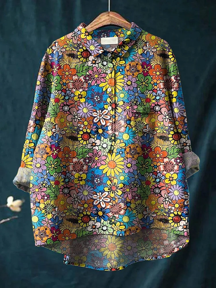 Womens Vintage Cute Cartoon Flowers Art Print Casual Cotton And Linen Shirt
