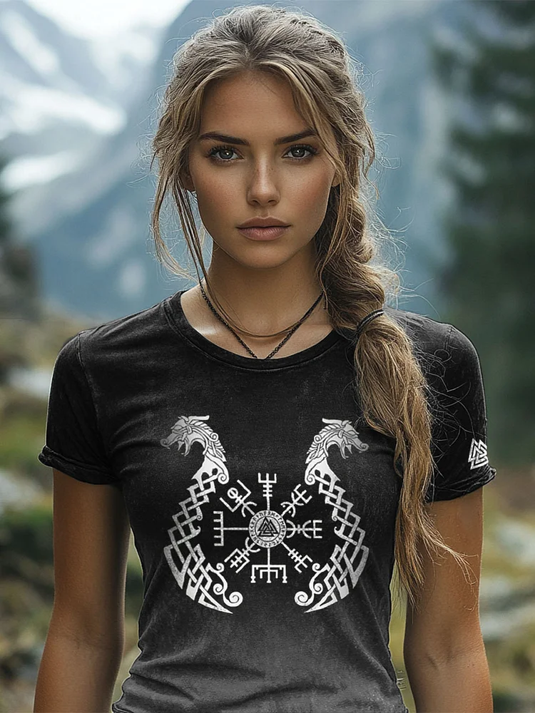Frauen Wikinger inspirierte Print gewaschen T-Shirt