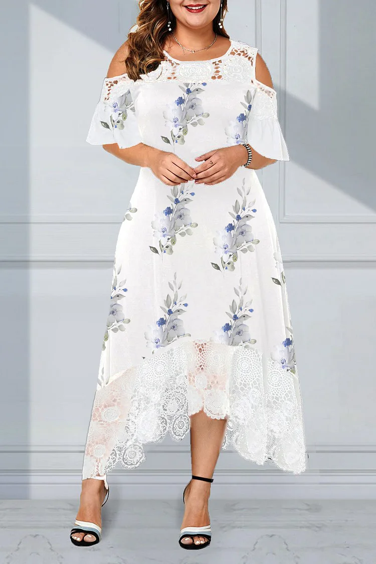 Plus Size Lace Stitching Cold Shoulder Floral Print Maxi Dresses