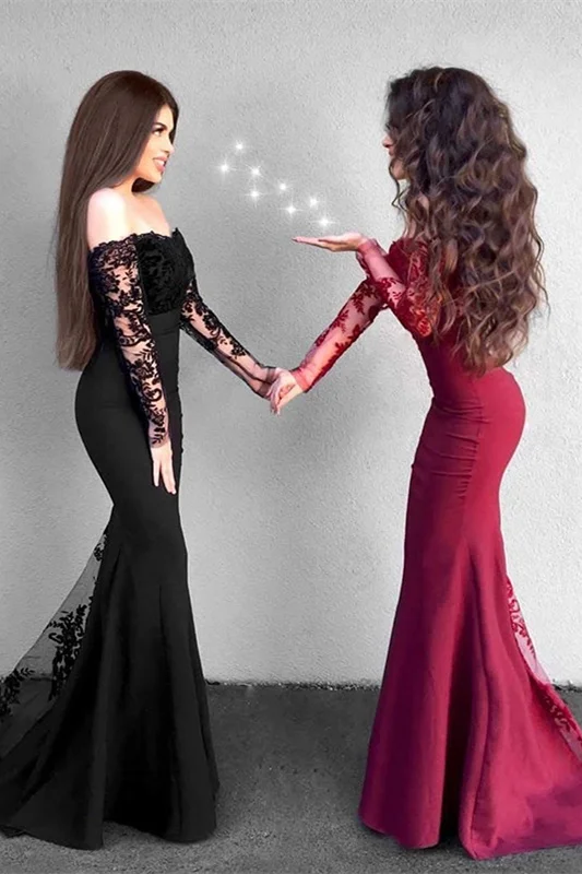 Long sleeve lace cheap black mermaid evening dress