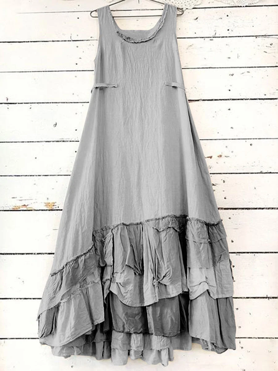 Layers Solid Color Cotton Linen Dress