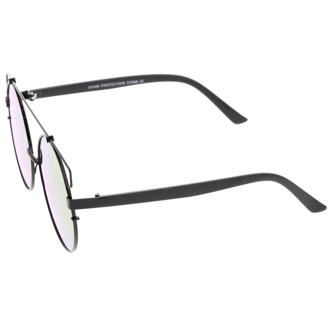 Oversize Metal Frame Horn Rimmed Crossbar Mirror Flat Lens Round glasses 62mm