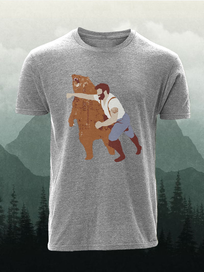 Men's Brown Bear Fight with Human Funny Short-Sleeved Shirt