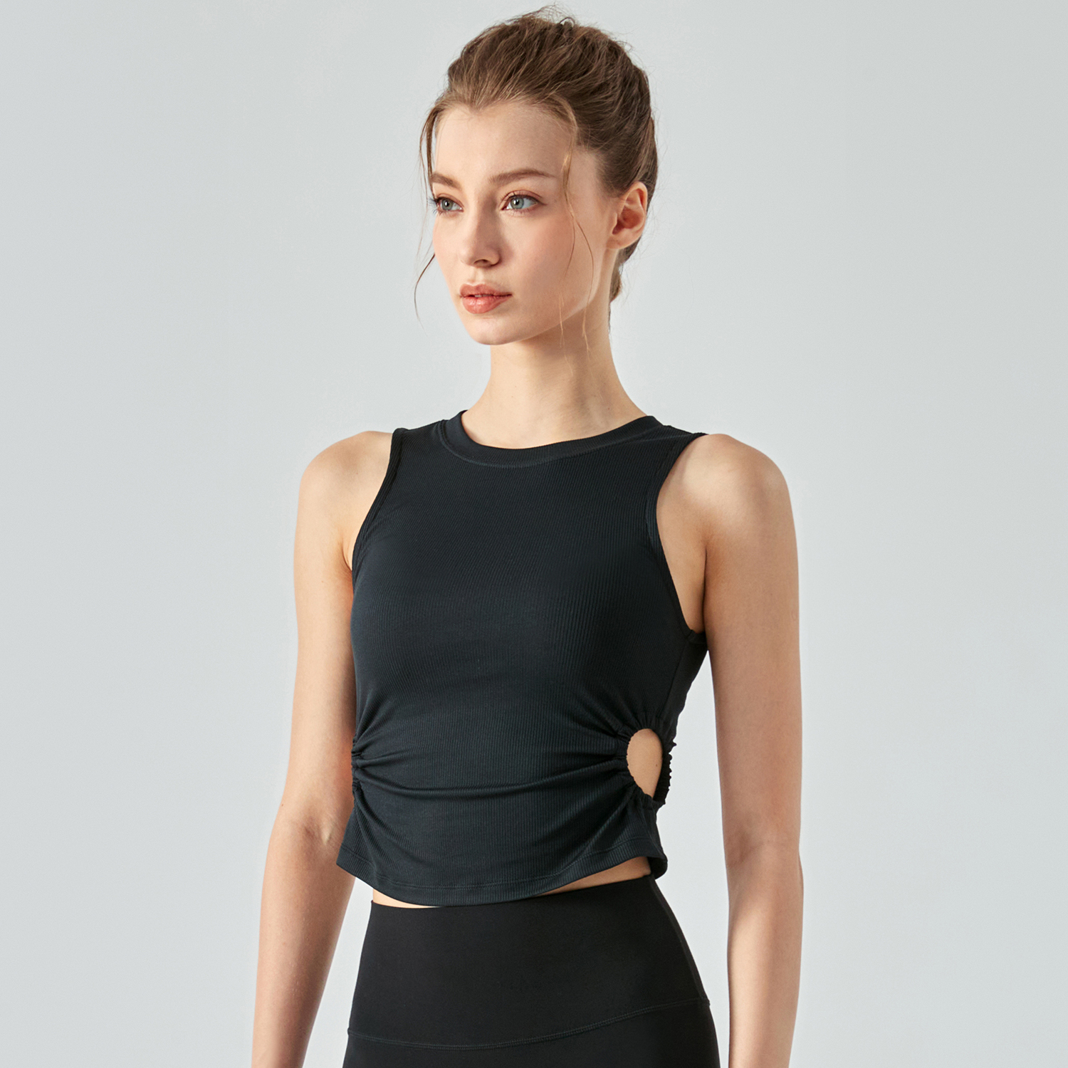 Different types of shockproof scrunch side hollow-out ribbed gym tank top with removable cups online shopping on Hergymclothing Black 