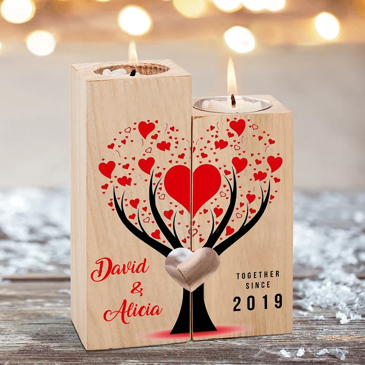 Personalized Heart Tree Name Couple Candlesticks Custom Wooden Candle Holder For Him/Her