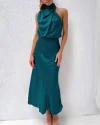 Long Formal Satin Dress Mock Neck High Neck Evening Dress