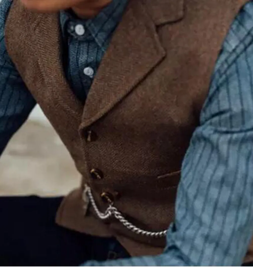 Men's Lapel V Neck Wool Herringbone Casual Waistcoat Formal Groomsman Business Suit Vest For Wedding