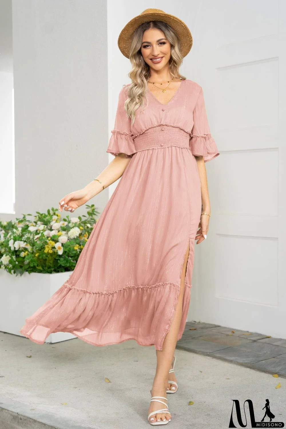 MidiSono - V-Neck Flounce Sleeve Smocked Waist High Slit Dress