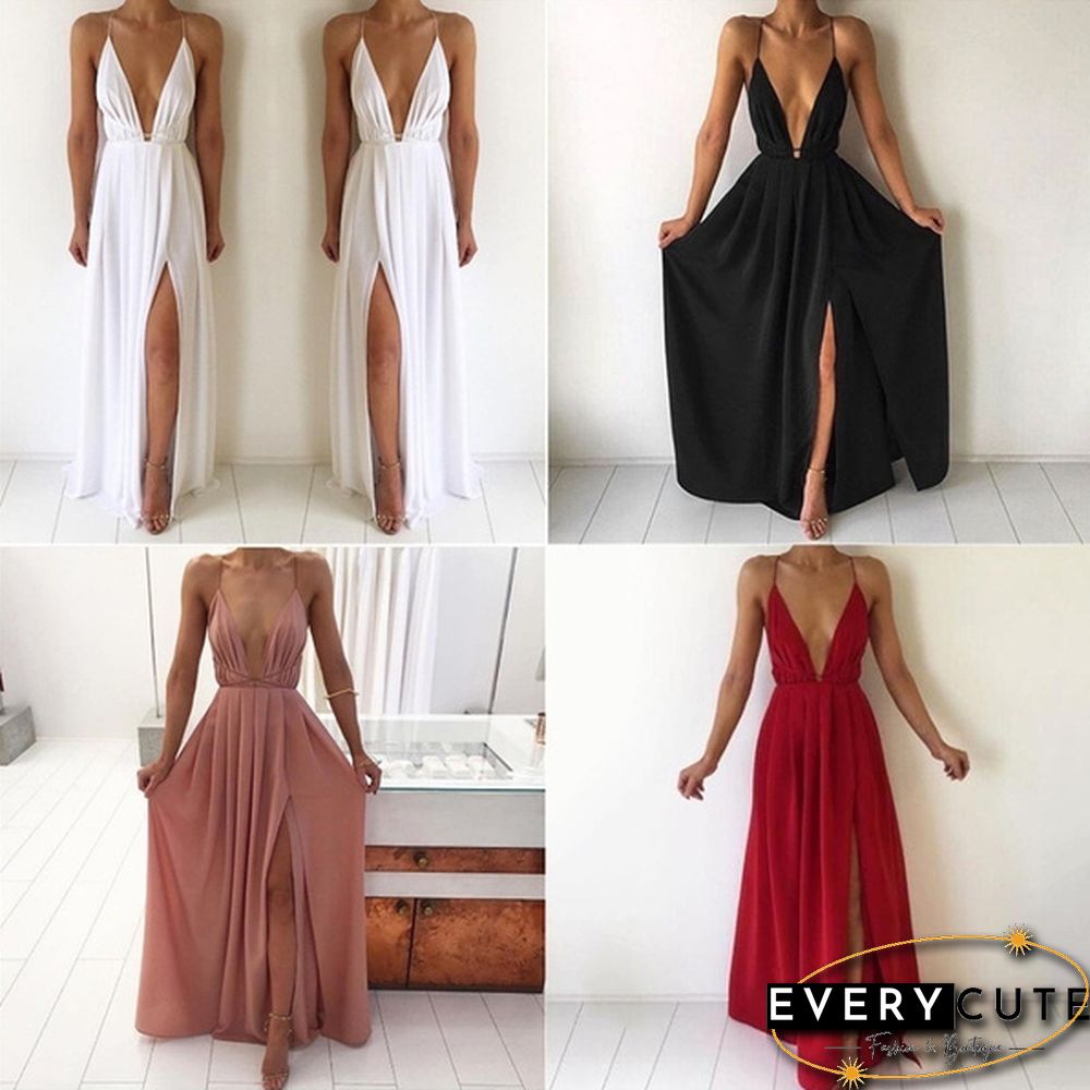 Women Fashion Sexy V-neck Sling Halter Chiffon Bohemian Split Sleeveless Solid Color Dress