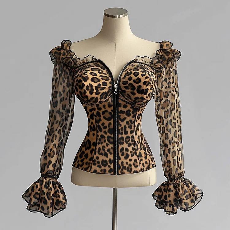 Ursime Leopard Pattern Sweetheart Neck Ruffle Long Sleeve Zipper Blouse