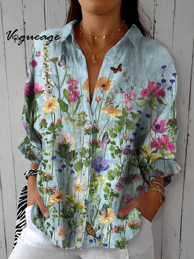 Gentle And Elegant Vivid Flowers Printed Cotton And Linen Shirt