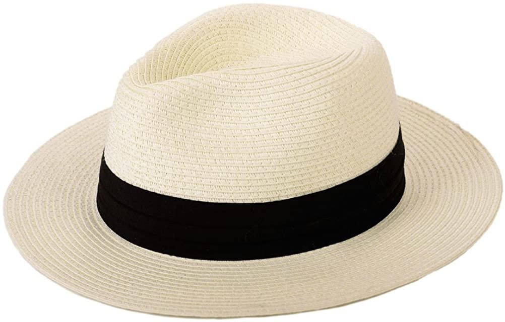 Panama Straw Hats,Womens Sun Hat Summer Wide Brim Floppy Fedora Beach Cap UPF50+