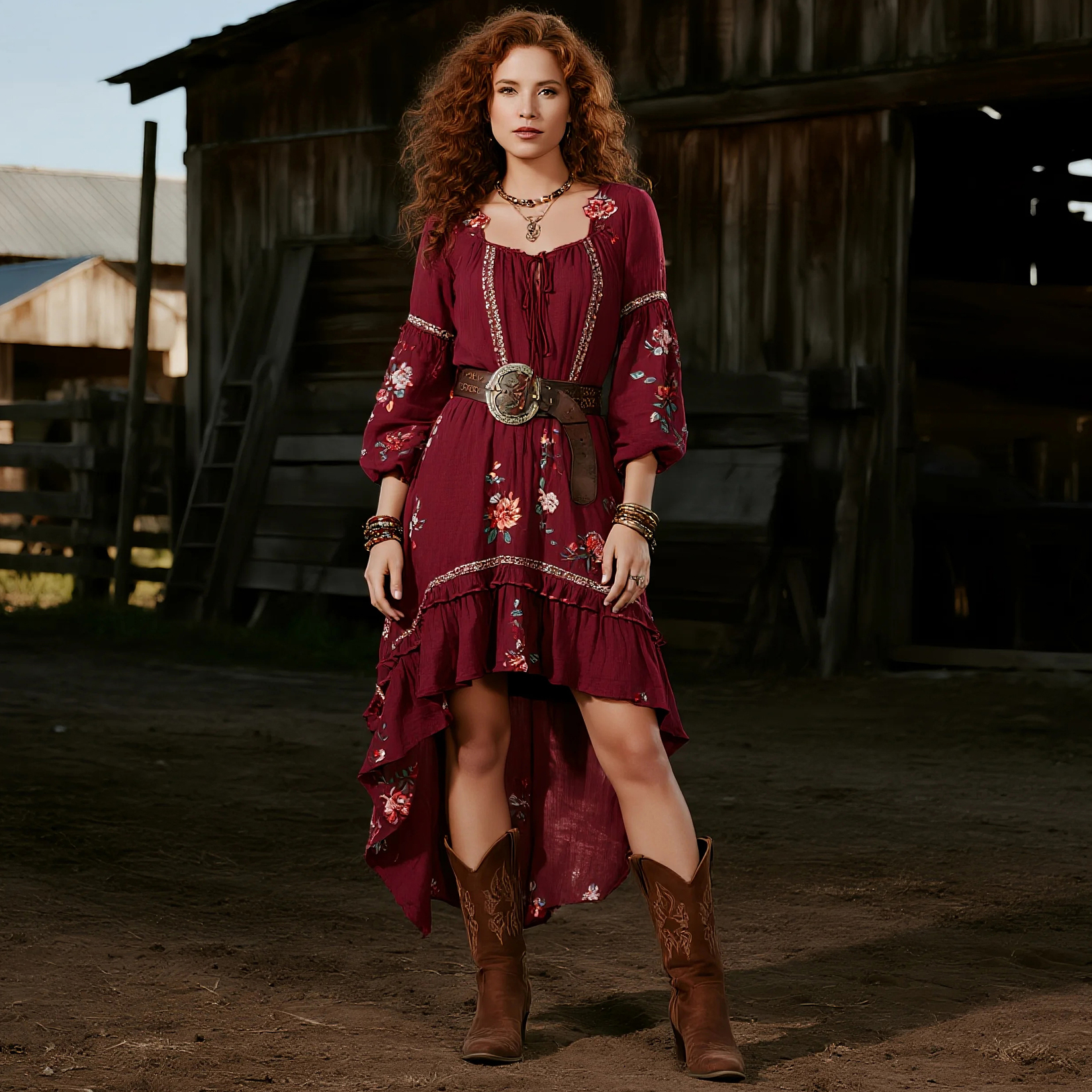 Western Retro Floral Long Sleeve Dress