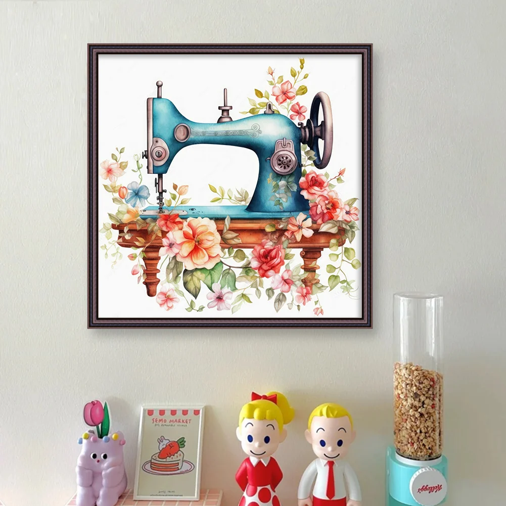 DIY Stamped Cross Stitch 14CT Full Embroidery 40*40cm - Vintage Flower Sewing Machine