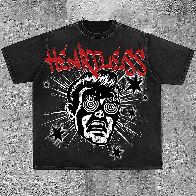 Vintage Casual Hellstar Graphic Print Acid Washed Short Sleeve T-Shirt