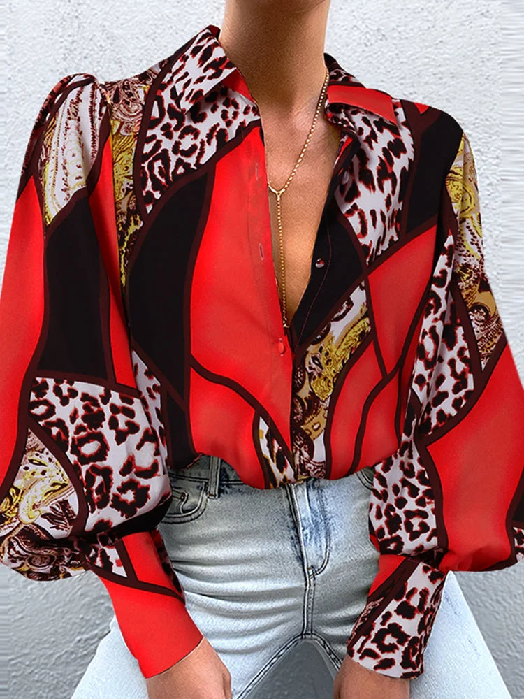 Geo Leopard Print Lapel Long Sleeve Women Shirt SKUI48549 QueenFunky