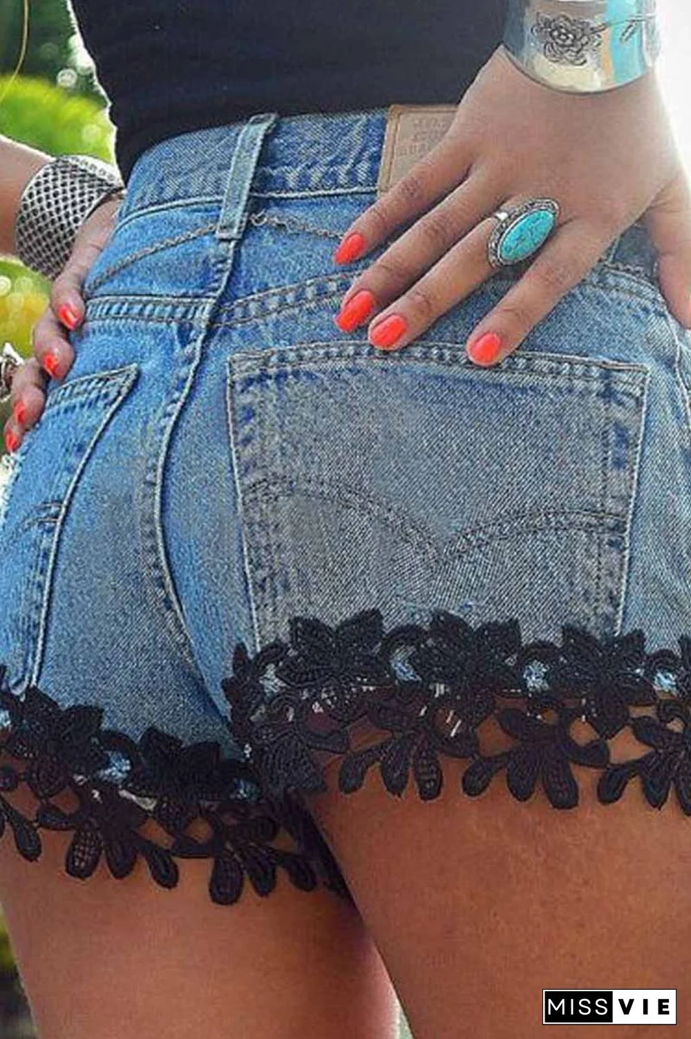 Sexy Lace Stitching Ripped Denim Shorts