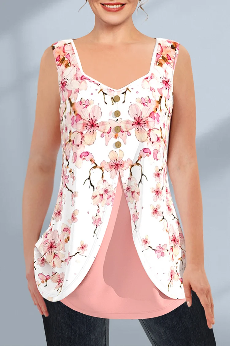 Flycurvy Plus Size Casual Pink Sakura Print Decorative Button Layered Tank Top  Flycurvy [product_label]