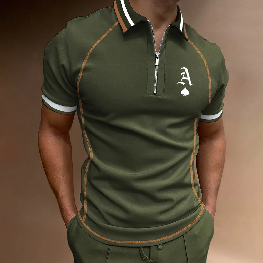 Men's Casual Poker Ace Print Color Matching Short Sleeve Zipper Polo Shirt、、URBENIE