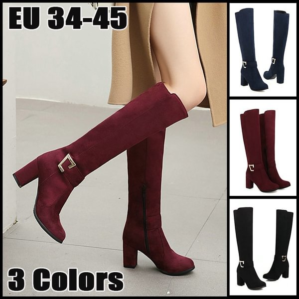 2022 New Faux Suede Women Knee High Boots Fashion Buckle Women Square Heel Boots Autumn Winter Ladies Shoes Black Blue Wine Red - Shop Trendy Women's Clothing | LoverChic