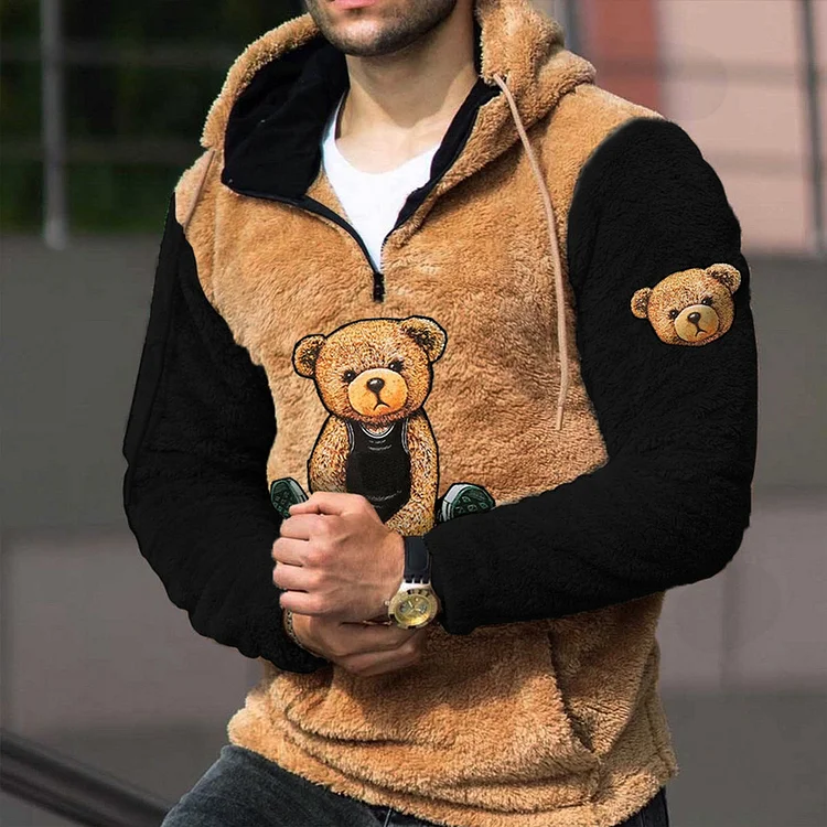 Men's Casual Bear Pattern Drawstring Zipper Pocket Plush Hoodie