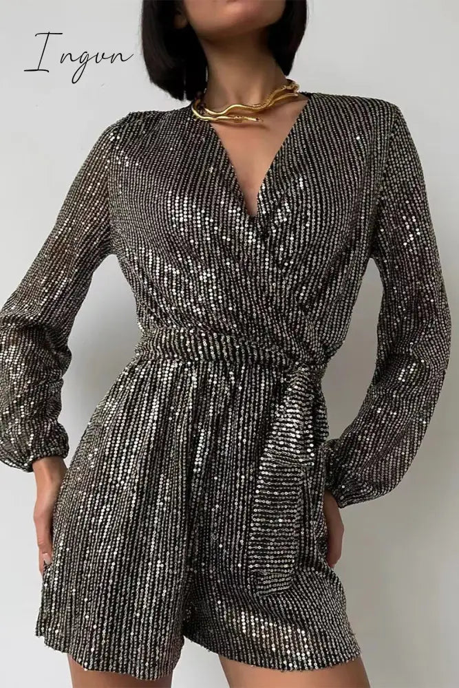 Ingvn- Solid Bandage Sequins V Neck Loose Rompers Black Silver / S Jumpsuits & Rompers/Rompers