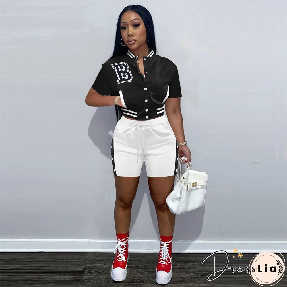 Short Sleeve Button Baseball Jacket and Shorts Set