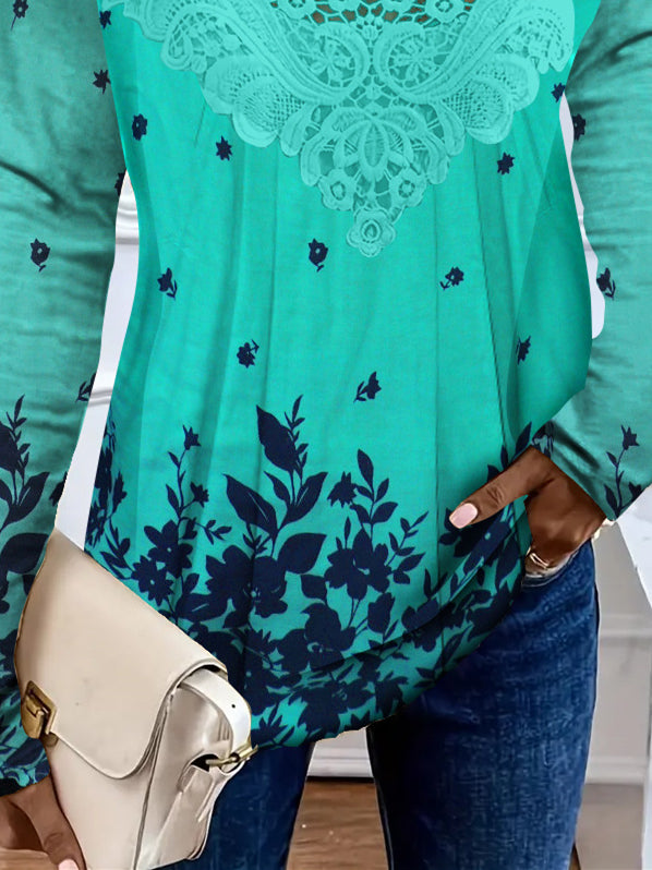 Women's Long Sleeve Scoop Neck Floral Printed Lace Stitching Top
