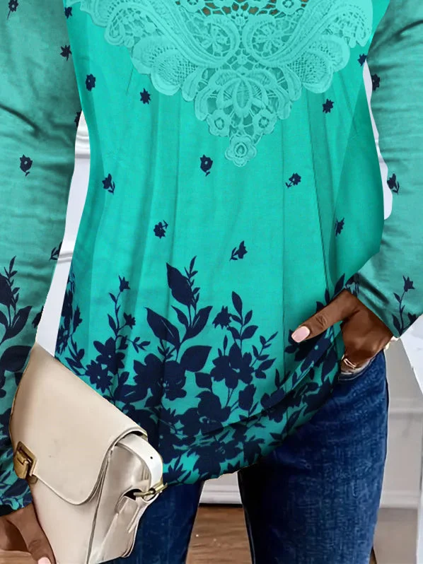 Women's Long Sleeve Scoop Neck Floral Printed Lace Stitching Top