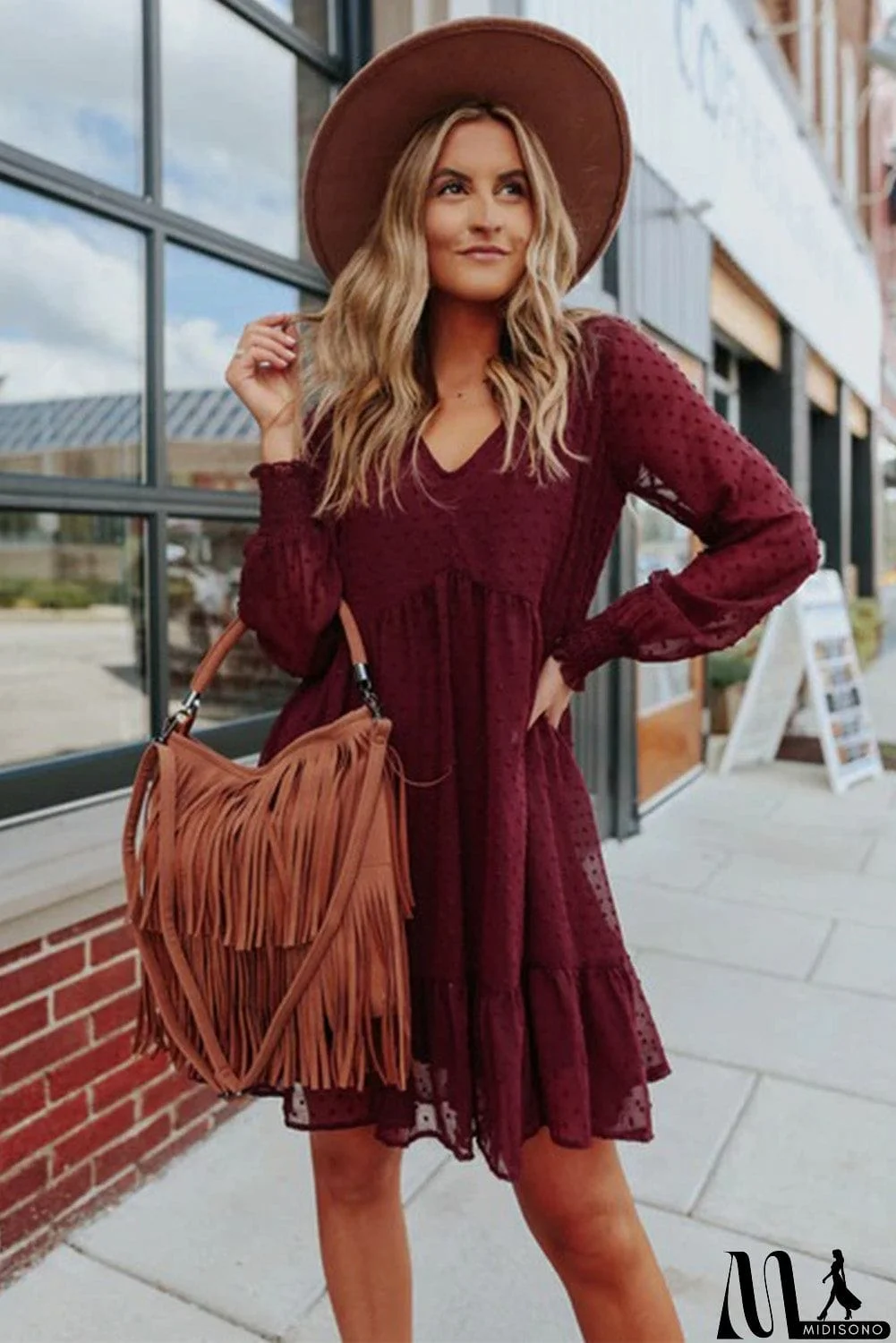 MidiSono - V-Neck Dotted Burgundy Empire Dress