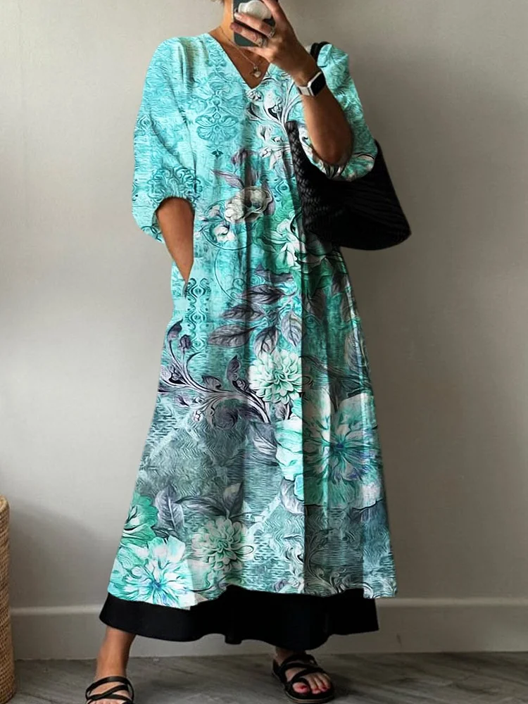 Art Print Pocket V-neck Cotton Dress