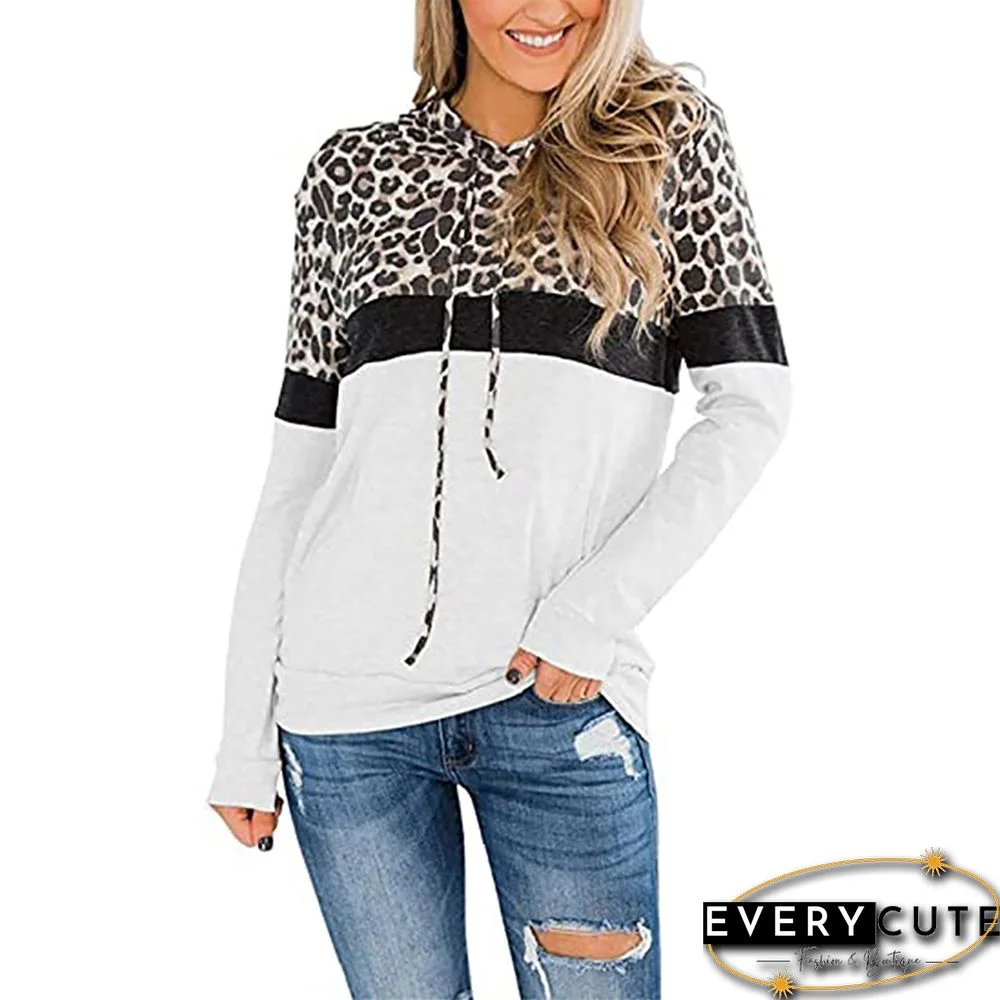 White Splice Leopard Long Sleeve Pocket Hoodie