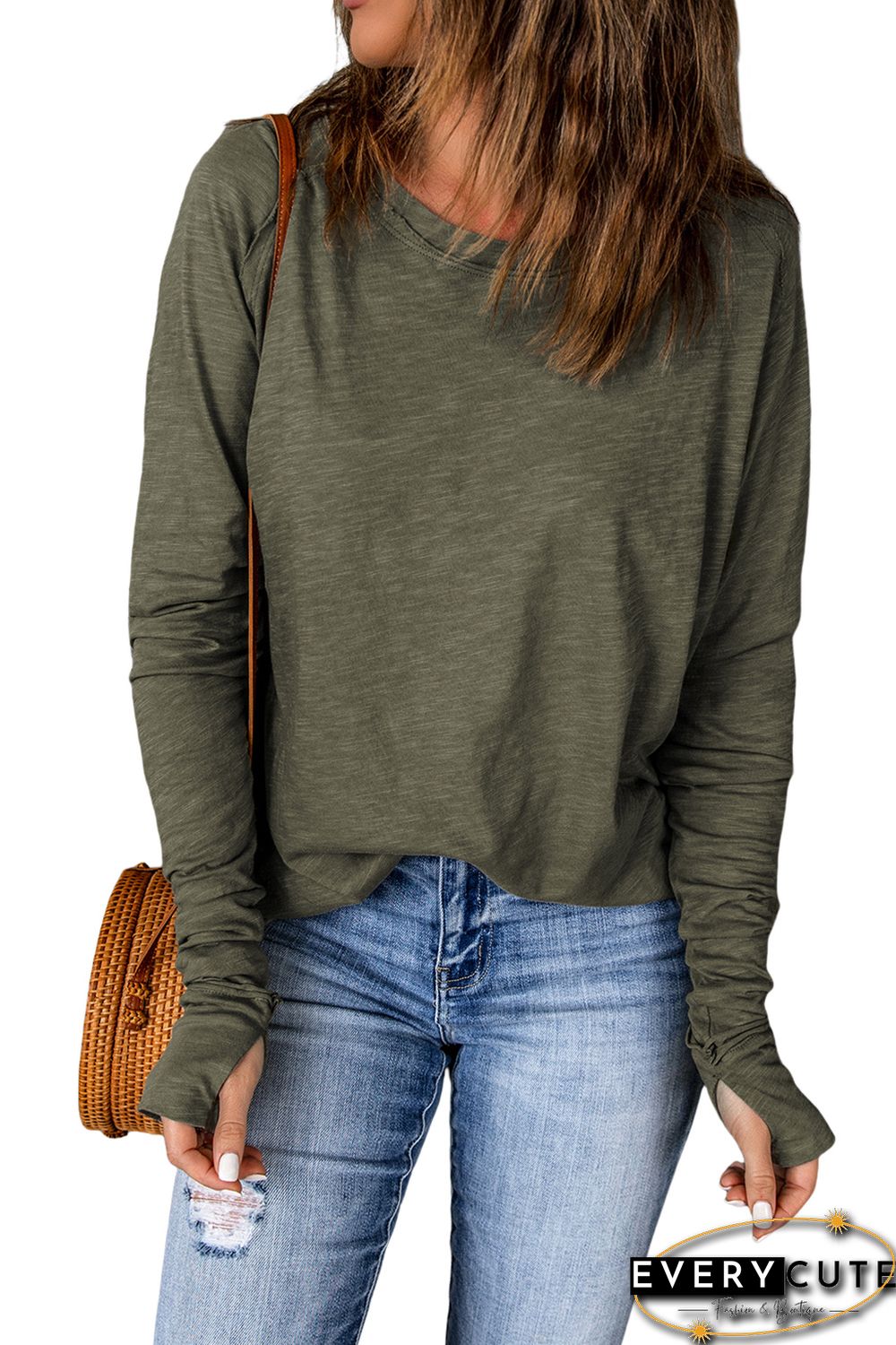 Green Solid Crew Neck Long Sleeve Long Sweatshirt