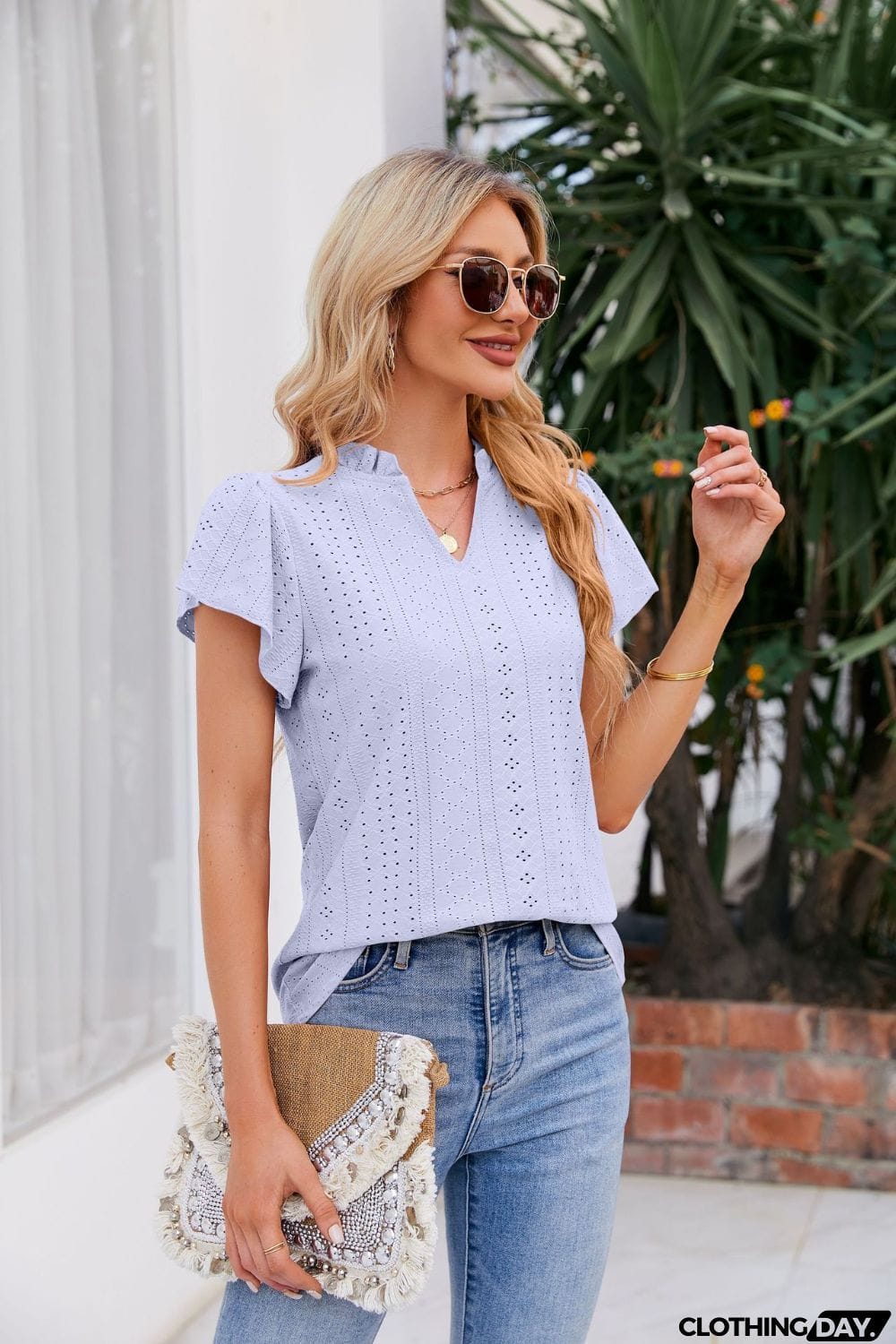 Notched Neck Puff Sleeve Blouse