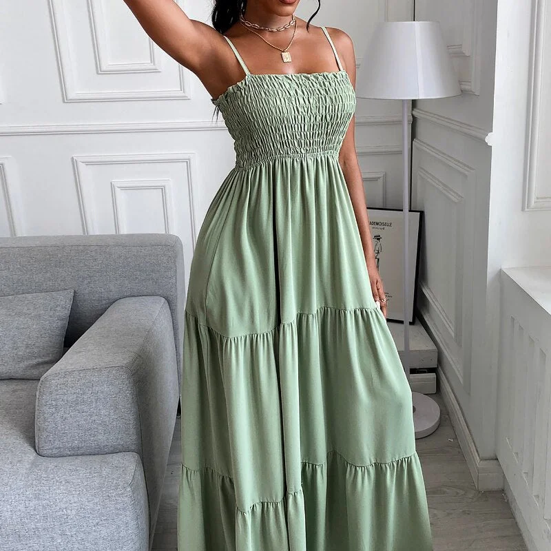Graduation Gifts  Women Solid Sundress Ruched Plain Strap Shirring Maxi Dress Femme Boho Office Lady Outfits Beach Robe Vestidos