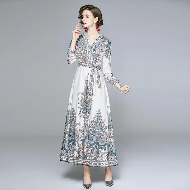 National style print comfortable and breathable long-sleeved dress