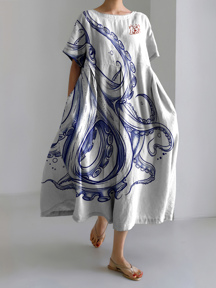 Comstylish Japanese Art Vintage Octopus Print Casual Midi Dress