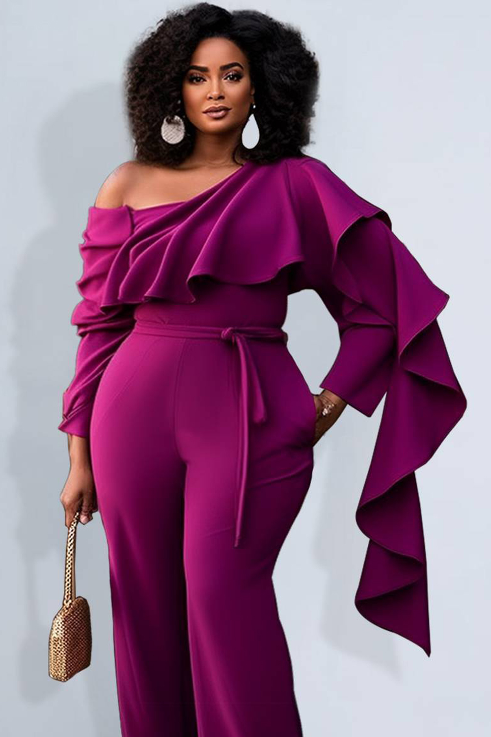 Design Plus Size Purple Semi Formal Oblique Collar Long Sleeve Ruffle Jumpsuits [Pre-Order]