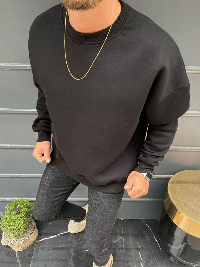 Men's Solid Black Round Neck Casual Long Sleeve Sweater