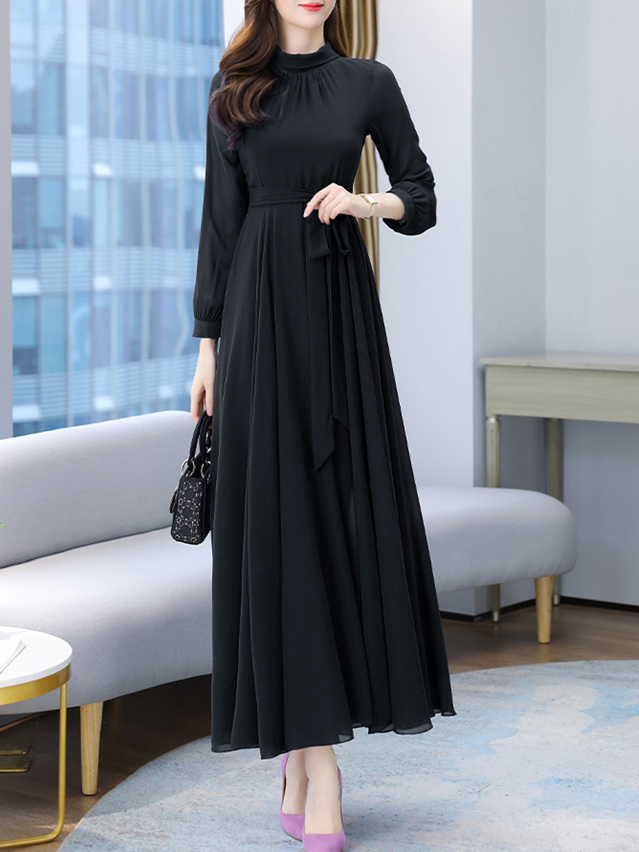 Spring And Autumn Pure Color Chiffon Long Sleeve Dress - SissiStyles.com