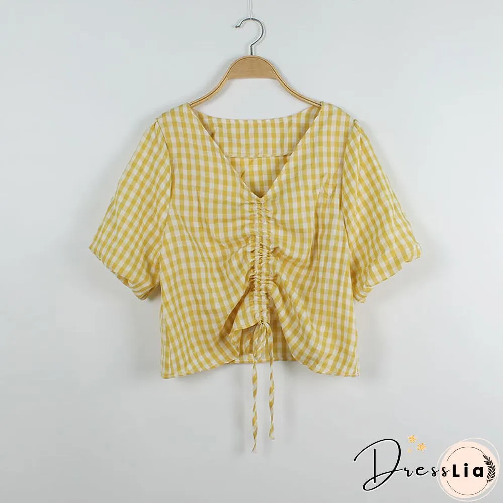T-Shirts Womens Summer Crop Tops Plaid V-Neck Lantern Sleeve 2Xl Drawstring Slim Chic