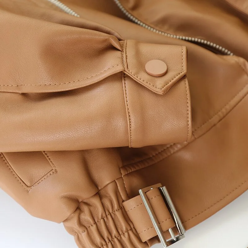 FTLZZ Autumn Winter New Soft Faux Leather Jacket Women Loose Moto Bike Coat Streetwear Female Brown PU Leather Jackets with Belt