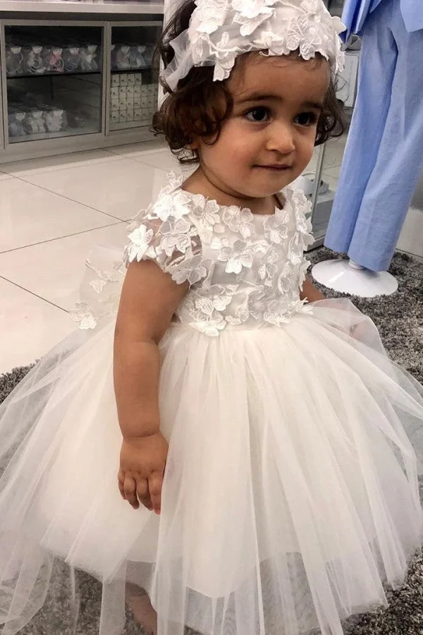Hellodresses Cute A-line Bateau Short Sleeve Flower Girl Dress Tulle  Lace With Bowknot Pearls Appliques