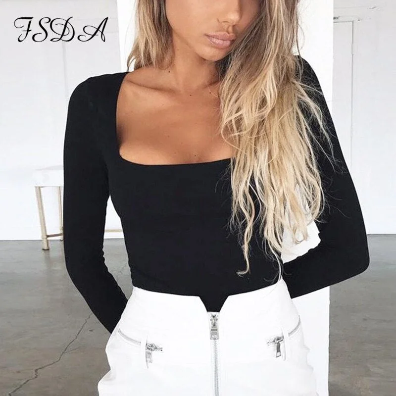 FSDA Suqare Neck Casual Long Sleeve T Shirt Women Sexy Top Black White Autumn Spring Summer Red Tee Basic Ladies Shirt Top